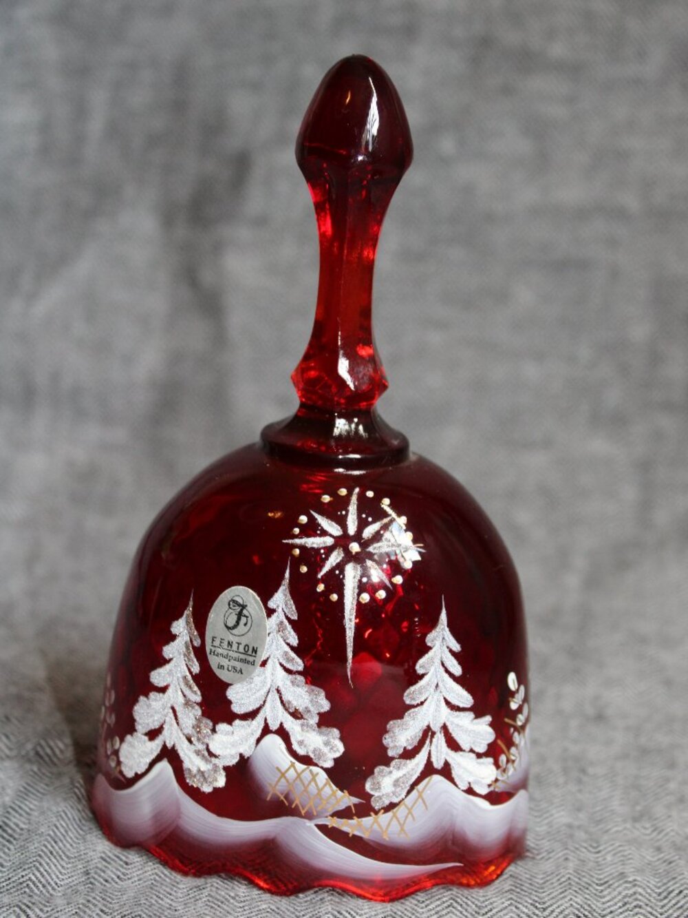 Vintage Fenton Glass Ruby Red 'Star Bright' Bell Hand Painted by Kim Buskin